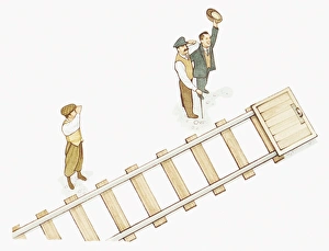 Illustration of the Wright Brothers and newspaper reporter looking up at sky as they Illustration of the Wright Brothers and newspaper reporter looking up at sky as they