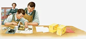 Illustration of the Wright Brothers printing with woodcut printing block Illustration of the Wright Brothers printing with woodcut printing block