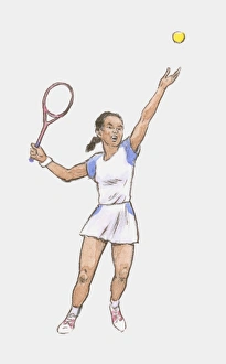Sportswear Gallery: Illustration of young female tennis player preparing to serve ball
