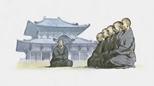 Images Dated 16th December 2009: Illustration of Zen Buddhist monks kneeling in courtyard outside temple