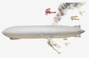 Illustration of Zeppelin airship and Fokker triplane (1st World War aviation) Illustration of Zeppelin airship and Fokker triplane (1st World War aviation)