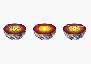 Three illustrations of shock waves created by an earthquake, consisting of P-waves (primary waves) Three illustrations of shock waves created by an earthquake, consisting of P-waves (primary waves)
