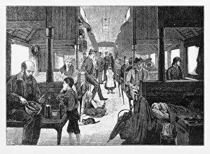 Immigrants Travelling West on Third Class Railway, Early American Engraving, 1870 Immigrants Travelling West on Third Class Railway, Early American Engraving, 1870