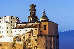 Italy, Campania, Atrani, Townhouses and tower at dusk Italy, Campania, Atrani, Townhouses and tower at dusk