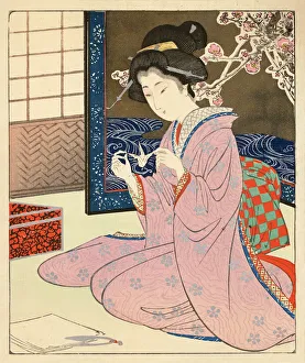 Hobbies Gallery: Japanese Woodblock of a female making Origami