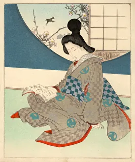 Japanese Woodblock Print, Female reading, Interior Scene Japanese Woodblock Print, Female reading, Interior Scene