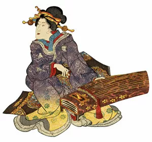 Images Dated 20th October 2009: Japanese Woodblock Print Woman and Musical Instrument