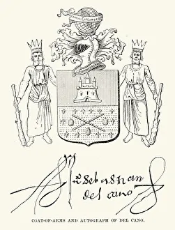 <b class=qtipBold><figcaption>Juan Sebastian Elcano</figcaption></b><br>Coat of arms and autograph of Juan Sebastian Elcano. A Spanish Basque explorer who completed the first circumnavigation. After Magellan's death in the Philippines, Elcano took command of the nau Victoria from the Moluccas to SanlAAºcar de Barrameda in Spain.<br><em>© duncan1890</em> Juan Sebastian Elcano