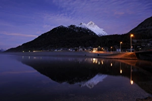 Lake Silvaplana with village of Silvaplana at dawn, St Moritz, Engadine, Grisons Lake Silvaplana with village of Silvaplana at dawn, St Moritz, Engadine, Grisons