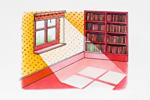 Light falling through window into room, bookshelf Light falling through window into room, bookshelf