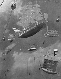 <b class=qtipBold><figcaption>Lighter Than Air</figcaption></b><br>1950: A 19th century illustration depicting futuristic airships and hot air balloons, entitled 'New York Sky Harbor. 'The ships have masts and sails. (Photo by Hulton Archive/Getty Images) Lighter Than Air