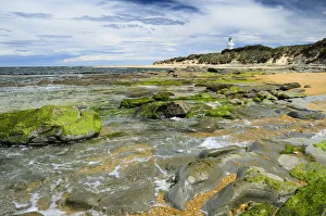 Lighthouse at Waipapa Point with clouds in the sky, algae covered rocks at the front Lighthouse at Waipapa Point with clouds in the sky, algae covered rocks at the front