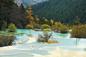 Lime terraces with lakes in autumnal environment, Huanglong National Park Lime terraces with lakes in autumnal environment, Huanglong National Park