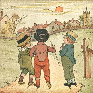 Three little boys walking on a footpath in autumn sunset Three little boys walking on a footpath in autumn sunset