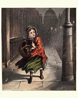 Image Created 1870 1879 Gallery: Little victorian girl on cold rainy London night, 1870