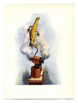 Lizard emerging from chimney illustration, (Alices Adventures in Wonderland) Lizard emerging from chimney illustration, (Alices Adventures in Wonderland)