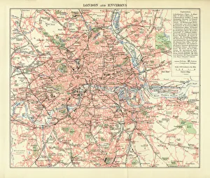 London and Environs Historical Map, Engraving, 1892 London and Environs Historical Map, Engraving, 1892