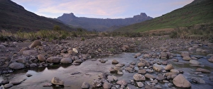 Low angle view of the Amphitheatre mountain from the Tugela River, Drakensberg uKhahlamba National Park, South Africa Low angle view of the Amphitheatre mountain from the Tugela River, Drakensberg uKhahlamba National Park, South Africa