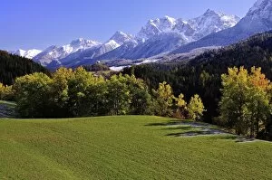 High Mountain Range Gallery: Lower Engadine in autumn with snowy mountains, Graubunden, Switzerland