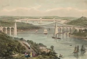 Prints of The Menai Suspension Bridge, designed by Thomas Telford, and the Britannia Tubular Bridge, designed by Robert Stephenson, between mainland Wales and Anglesey. Original Artwork: Lithograph by Picken World Famous Bridges Prints: Caernarvon Bridges Print - Menai Suspension and Britannia Tubular