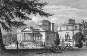 Prints of circa 1829: Chiswick House in London, Middlesex, designed by Richard Boyle, the 3rd Earl of Burlington. The building is inspired by Palladios Villa Rotonda, near Vicenza Middlesex Prints: Chiswick House Print, circa 1829