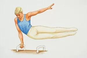 Playful Gallery: Male gymnast exercising on a pommel horse, front view