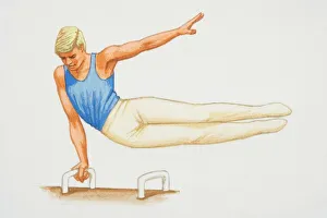 Male gymnast exercising on a pommel horse, front view Male gymnast exercising on a pommel horse, front view