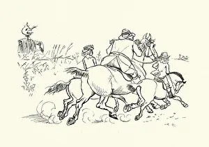 Man and childfren galloping horse and ponies down a country lane, Banbury Cross Man and childfren galloping horse and ponies down a country lane, Banbury Cross
