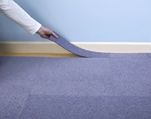 Man installing blue carpet tile next to skirting board Man installing blue carpet tile next to skirting board