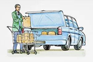 Man moving paper shopping bags from shopping trolley into boot of car Man moving paper shopping bags from shopping trolley into boot of car