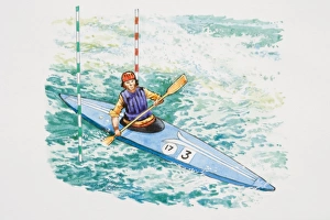 Life Jacket Gallery: Man paddling kayak through poles on rapids, elevated view