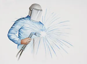 Man in protective gear using a welding machine Man in protective gear using a welding machine