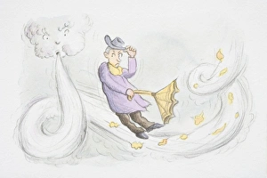 Man in purple coat caught up in storm holding on to his umbrella and hat Man in purple coat caught up in storm holding on to his umbrella and hat