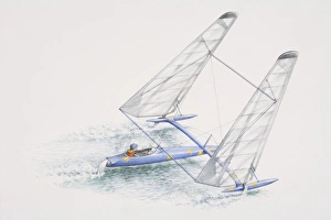 Man sitting in hull of yacht racing along water Man sitting in hull of yacht racing along water
