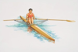 Man sitting in a single scull long rowing boat Man sitting in a single scull long rowing boat