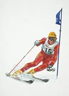 Accelerating Gallery: Man skiing around slalom flag, front view