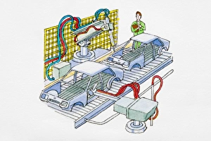 Man supervising car production on assembly line Man supervising car production on assembly line