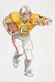 Man wearing full American football gear running with ball, front view Man wearing full American football gear running with ball, front view