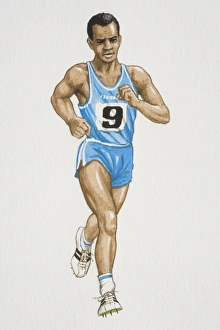 Man wearing blue vest and shorts running, front view Man wearing blue vest and shorts running, front view