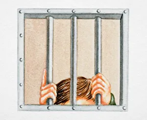 Top of mans head visible behind prison cell window as his hands grip metal bars, front view Top of mans head visible behind prison cell window as his hands grip metal bars, front view