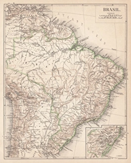 Map of Brazil. Lithograph, lithograph, published in 1874 Map of Brazil. Lithograph, lithograph, published in 1874