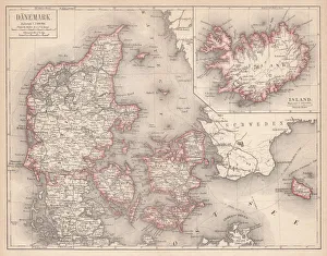Map of Denmark and Iceland, lithograph, published in 1875 Map of Denmark and Iceland, lithograph, published in 1875
