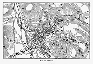 Map of Exeter in Devon, England Victorian Engraving, 1840 Map of Exeter in Devon, England Victorian Engraving, 1840