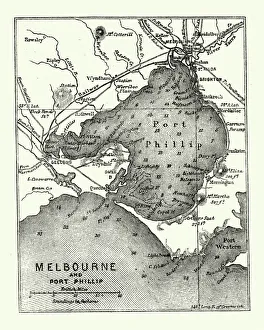 Map of Melbourne and Port Phillip, Australia, 19th Century