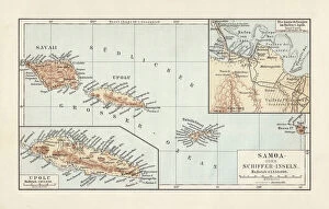 Images Dated 30th January 2019: Map of Samoan islands: Savai i, Upolu, and Tutuila, lithograph, 1897
