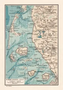 Prints of North Frisian Islands and Northern Friesland (Nordfriesland), the northernmost district of Germany, part of the state of Schleswig-Holstein. Lithograph, published in 1887 Denmark Prints: Northern Friesland Print, Schleswig-Holstein Coastline 1887