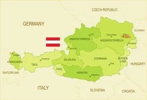 Prints of Austria Prints: Austrian Flat Map Print with National Flag