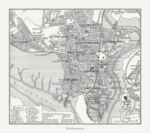 Prints of Historical city map of Southampton, Hampshire, England. Wood engraving, published in 1897 Southampton Prints: Historical City Map of Southampton Print, 1897 Woodcut