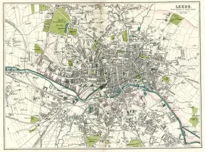 Prints of Vintage map from 1880 of Leeds, West Yorkshire, England Leeds Prints: 1880 Leeds Vintage Map Print: Industrial Revolution Era