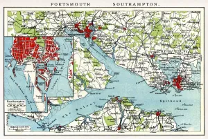 Prints of Map of Portsmouth and Southampton England 1898 Original edition from my own archives Source : Brockhaus 1898 Southampton Prints: Vintage Map Print of Portsmouth and Southampton England 1898